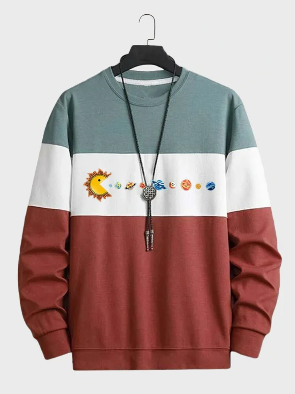 Mens Cartoon Planet Print Color Block Patchwork Pullover Sweatshirts - Image 6