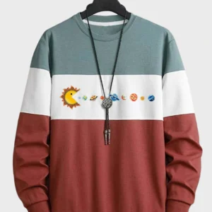 Mens Cartoon Planet Print Color Block Patchwork Pullover Sweatshirts