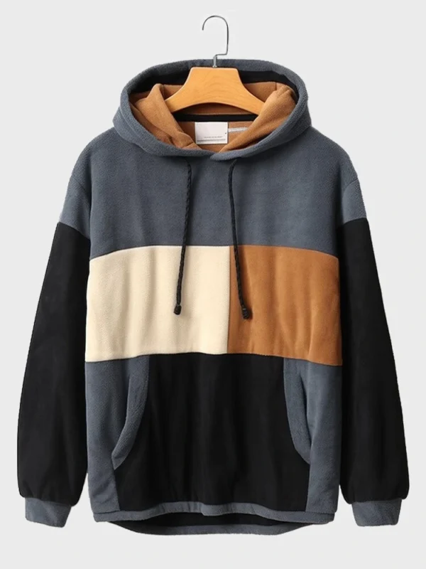 Mens Color Block Patchwork Fleece Loose Drawstring Hoodies - Image 2