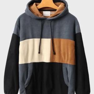 Mens Color Block Patchwork Fleece Loose Drawstring Hoodies